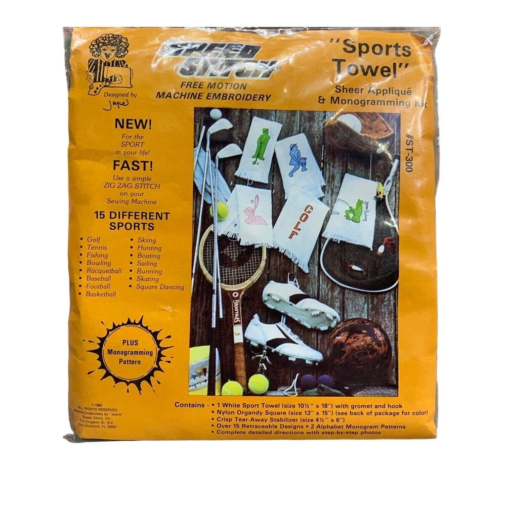 Vintage 1983 Speed Stitch Free Motion Machine Embroidery Sports Towel Kit